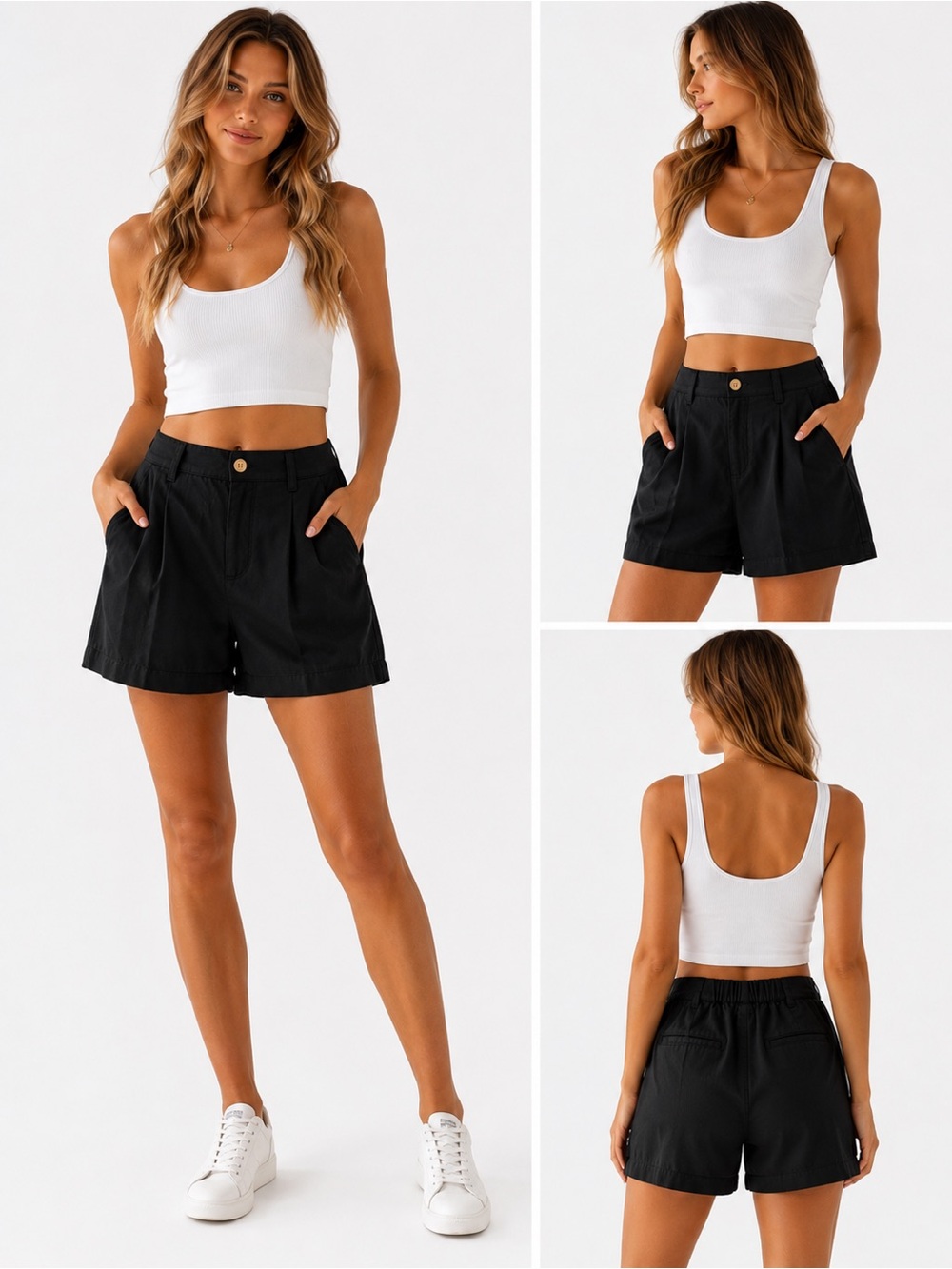 High-Rise Black Women's Bermuda Shorts with Button Front